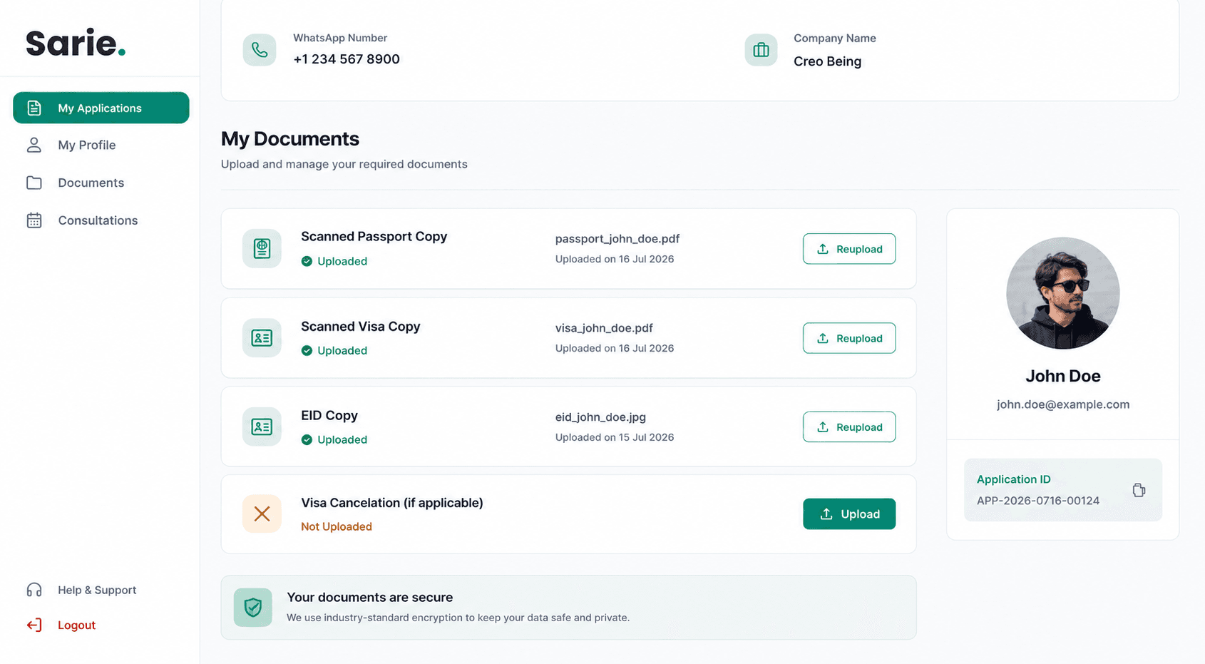 Sarie Dashboard Interface